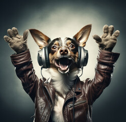 Cute chihuahua, dog costume wearing headphones