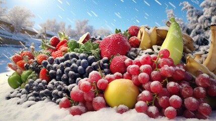 Fresh seasonal berries and fruits dusted with snow laid out on a wooden counter at a grocery market. It's a sunny winter day. Healthy food with vitamins. Colorful. Generative AI.