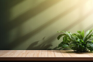 Beautiful blank background with plank floor and green plant on the right side with space for product or text.generative ai