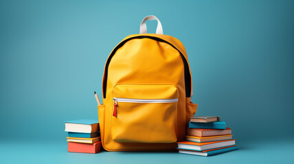 School backpack with books. - Back to school concept.