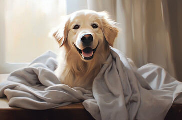 Happy golden retriever covered in a blanket. Dog-friendly concept.