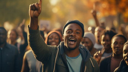 Happy african american man with raised hands and crowd in background - obrazy, fototapety, plakaty