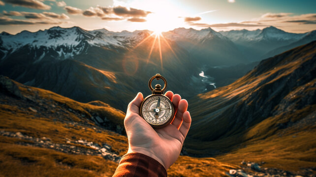Hand holding a compass on the mountain in a bright morning.