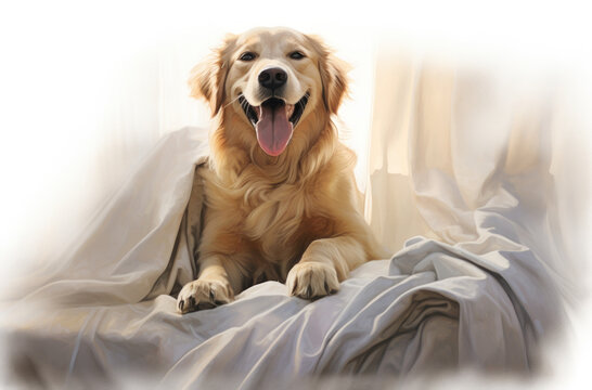 Happy golden retriever covered in a blanket. Dog-friendly concept.
