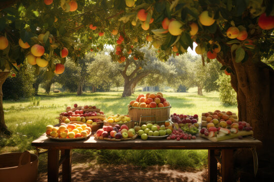 Fresh fruit in the natural setting of an orchard under the bright, sunlit canopy. Organic fruit photography for farm concept. Generative AI