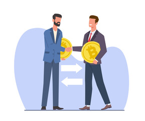 Businessmen shake hands and exchange cryptocurrency. Men hold bitcoins. Currency transaction. Stock trading online application cartoon flat isolated illustration. Vector crypto financial concept