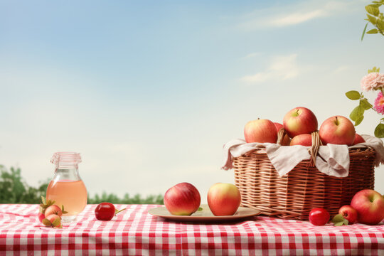 Vibrant Gala apple in a charming picnic setting with a pastel color background. The picnic scene provides an inviting atmosphere with copy space for text. Generative AI