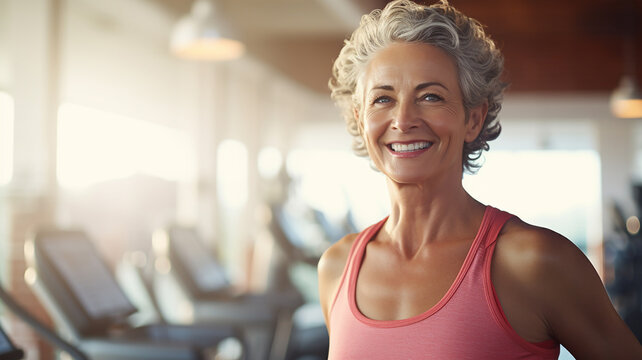 Happy mature woman in gym