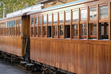 Historic train railway from Palma de Mallorca to Soller on Balearic Island named Orange Express scenic ride journey time travel like a century 100 years ago