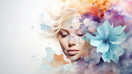 beautiful woman face with abstract colorful flower.