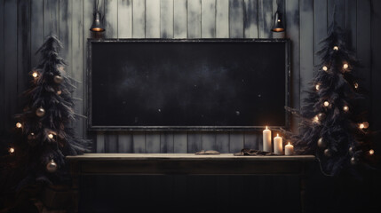 Blackboard on a wooden table in a dark room decorated for Christmas.