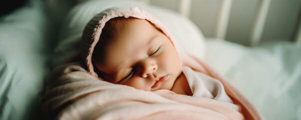 Close-up image of infant sleeping in wide shot banner