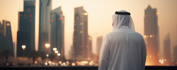 Arab man standing in front of modern high-rise city , wide banner with copy space - Powered by Adobe