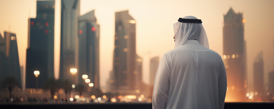 Arab man standing in front of modern high-rise city , wide banner with copy space
