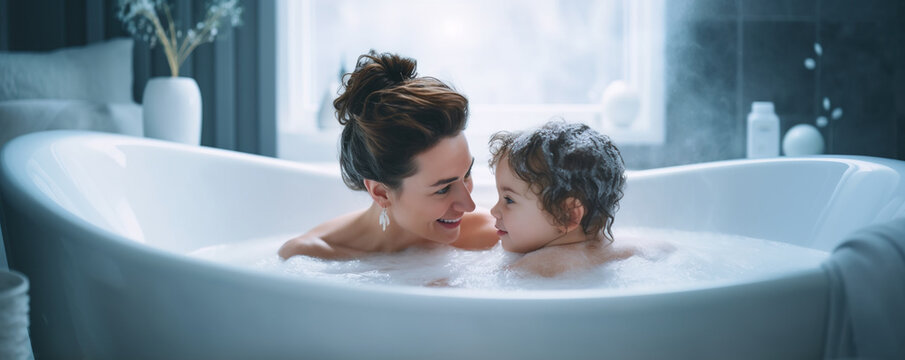 Mother taking a bath with her infant child in the bathtub