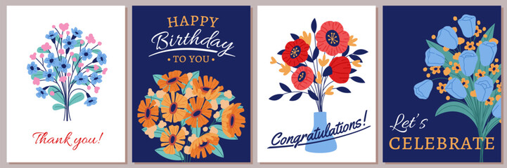 Flower bouquets cards. Cute posters with beautiful floral compositions, congratulatory text, romantic and festive gifts, invitations and greeting cartoon flat isolated tidy vector set
