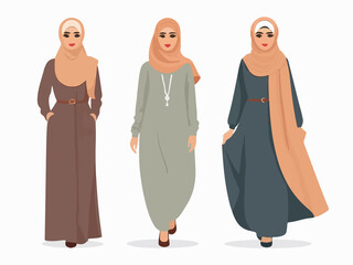 set of woman hijab clothes , flat color vector style image ,arab fashion wearing illustration