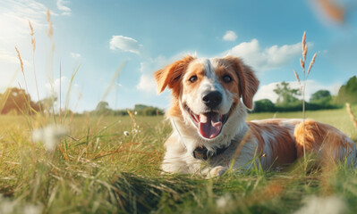 Portrait of a dog sitting in the grass in a field,  dog background, dog outside