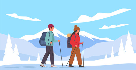 Guy and girl go with their gear into mountains in winter. Man and woman hiking with backpack and stick in snowy forest. Tourist people adventure cartoon flat style isolated vector concept