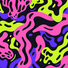 Abstract trippy or groovy trendy style background. Vector graphic. Bright acid colors elements. Retro 60s 70s psychedelic geometric pattern. Colorful ornament for wallpaper, textile, appareal design.