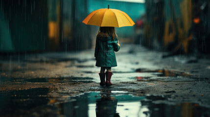 Raining outside,a girl is standing under an umbrella in a puddle rainy day