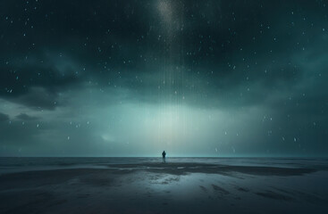 Sad man is standing in dark night rainy sky above an ocean - obrazy, fototapety, plakaty