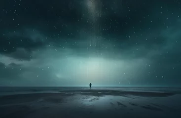 Poster Sad man is standing in dark night rainy sky above an ocean © Katewaree