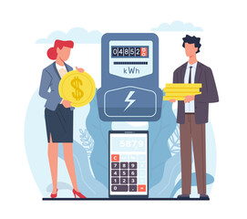 Man and woman together paying utility bills for electricity. Family budget. People with invoice and electricity meter. Calculate payment. Cartoon flat style isolated vector concept