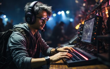Fototapeta na wymiar Portrait of young asian man playing computer games in night club