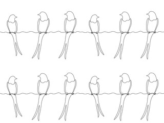 seamless pattern, abstract bird sitting on a wire, swallow ,swift, continuous one line art hand drawing