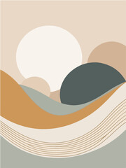 illustration of an landscape boho art design ,wall art , mid century boho ,flat color vector style image 