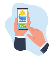 Purchase cryptocurrency using cell phone app and bank card. Hand hold smartphone with online banking application on screen. Electronic money, cartoon flat style isolated vector concept