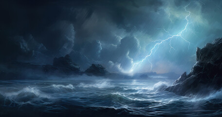 Stormy sea.Sea wave at night with a lightning bolt and dark clouds