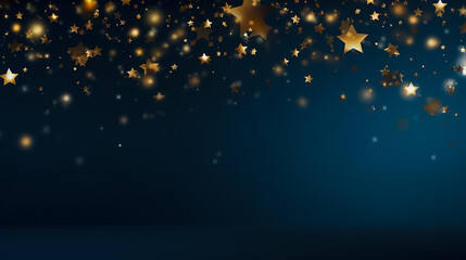 Falling gold stars dark blue background. Festive backdrop. Glitter bokeh. Can be used for Holiday, any celebration or party, Christmas, New Year, Valentine’s Day, National Holiday. Copy space.