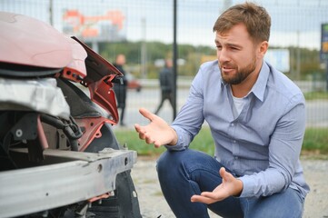 Man wait for insurance call center to help after a car crash accident on the road