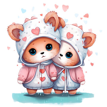 Watercolor Cute Baby Fox Couple Clipart Illustration