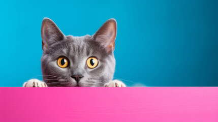 Curious cat looking across table, colourful background.