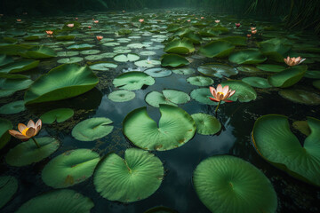 Lotus leaves, lotus, lotus seeds, serene, stunning atmosphere, top view