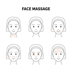 Anti-age face lifting massage technique for rejuvenation and radiant look. Facial routine to reduce fine lines and wrinkles. Beauty and wellbeing concept. Vector linear illustration.