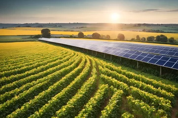 Fotobehang Agrivoltaics: Solar-Powered Farmland Integration with Vibrant Crops and Modern Efficiency © Eranga
