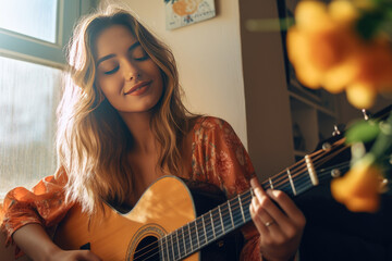Portrait of a young woman playing an acoustic guitar