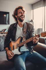 Cheerful young man in a leather jacket plays an electric guitar on the sofa at home. Education and hobbies