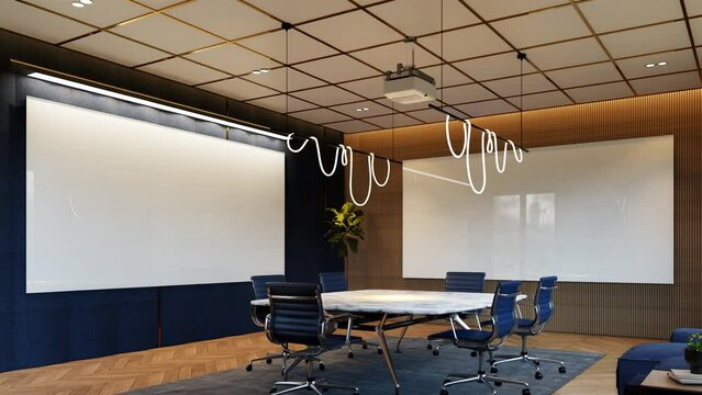 Modern conference interior animation and screens on the wall. The concept of workplace and enterprise. 3d Rendering illustration