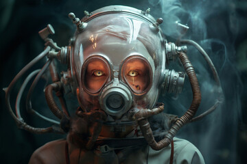 portrait of a zombie woman, wearing a gas mask or a futuristic helmet, under water, with biohazard or mutation on her skin