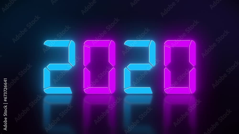Poster video animation of an led display in blue and magenta with the continuous years 2000 to 2024 on a re