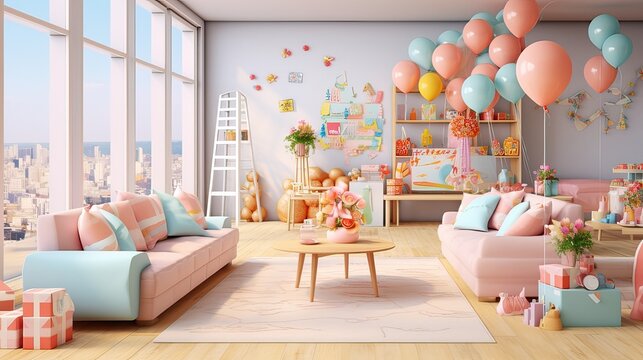 The cozy room is decorated in pastel colors with balloons, gifts, and toys to celebrate the children's holiday. Generative AI.