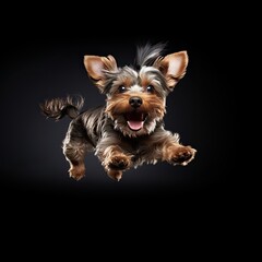 A small purebred dog is flying in a jump. Isolated on a white background. Generated by AI.