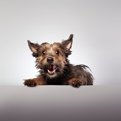 A small purebred dog is flying in a jump. Isolated on a white background. Generated by AI.