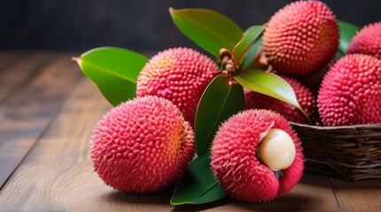 background of lychee with leaves on the table