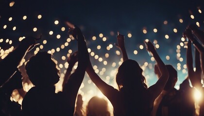 silhouettes of people dancing at a crowded party at midnight, colorful lights and smoke at background - Powered by Adobe